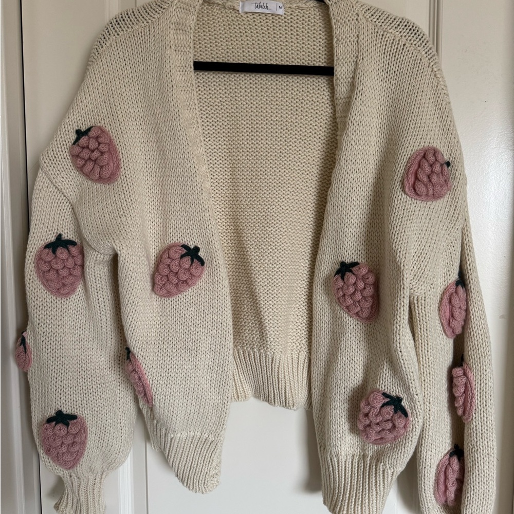 Cozy Beige Cardigan with Pink Berry Accents